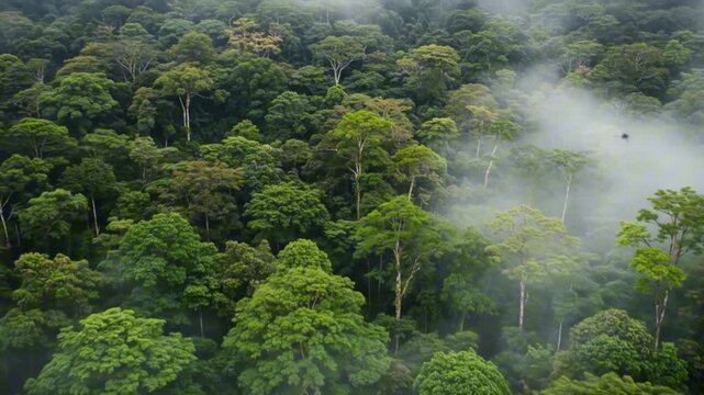 A dense tropical rainforest canopy displaying a variety of trees and vegetation with patches of mist or fog
