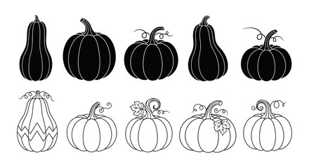 Collection of pumpkins in solid black silhouettes and outline designs, flat vector style on white background. Distinct forms and stems for fall decoration, harvest celebration, halloween festive art