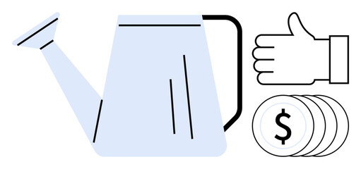 Watering can, thumbs-up sign, and stacked coins symbolizing growth, success, and financial support. Ideal for investment advice, startup growth, success tips, financial planning savings motivation