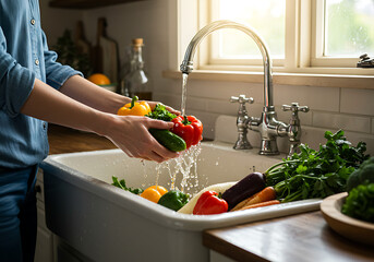 A person washes colorful bell peppers under running water in a kitchen sink, surrounded by other vegetables.