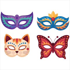 Colorful masquerade masks flat vector art backdrop
