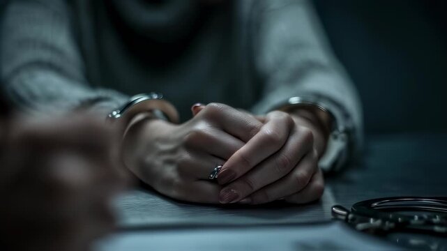 Hands of woman in handcuffs resting on table in dark room  
