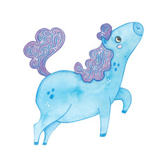 Blue horse looking up, cartoon character. Symbol of the new year 2026. Watercolor illustration hand drawn. Drawing template for postcards, stickers, posters, scrapbooking. New Year, Chinese horoscope
