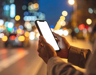 Smart Phone in Night: The image shows a person using a smart phone at night time against the background of city lights