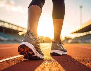 Stepping Towards Success: An individual's focused stride in running shoes, symbolizing perseverance on the path of athletics, highlighted by the radiant backdrop of a sunlit track.
