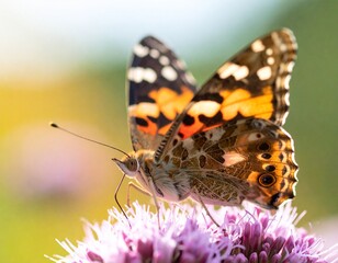 Naklejka premium Monarch's Embrace: A delicate monarch butterfly rests serenely on a vibrant purple flower, wings spread to display intricate patterns, capturing the beauty of nature's artistry.