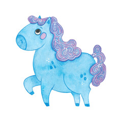 Blue horse walking, cartoon character. Symbol of the new year 2026. Watercolor illustration hand drawn. Drawing template for postcards, stickers, posters, scrapbooking. New Year, Chinese horoscope