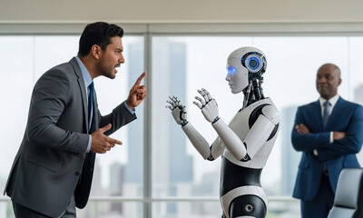 Frustrated manager complains to humanoid robot in a modern office.