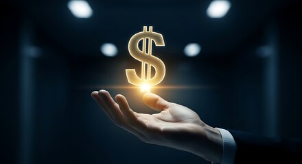 Finance and wealth concept. A cupped hand holds a large, golden holographic dollar or euro sign, representing finance, profit, and wealth.
