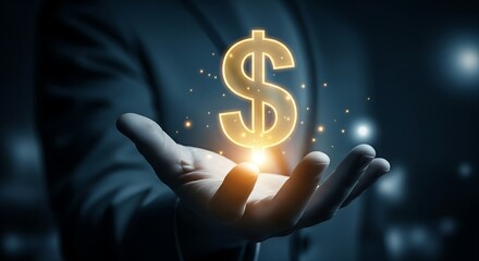 Finance and wealth concept. A cupped hand holds a large, golden holographic dollar or euro sign, representing finance, profit, and wealth.