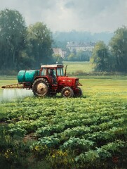 Obraz premium Red tractor spraying crops in a green farm field in the countryside