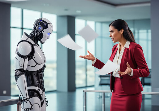 Angry female boss scolds a robot in the office of the future.