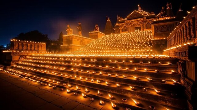 Grand temple glowing with golden lights during Diwali festival night