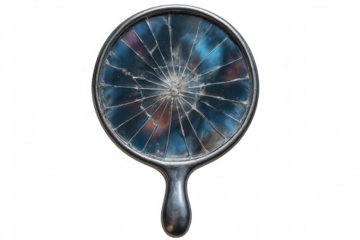 Vintage hand mirror with cracked reflection, broken glass revealing emotional fragility and faded memories against transparent backdrop