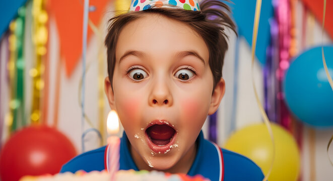 Surprised Young Boy Celebrating Birthday with Cake and Balloons in Colorful Party Setting