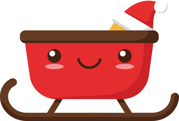 Cute red Christmas sleigh with smiling face and Santa hat festive holiday vector illustration 