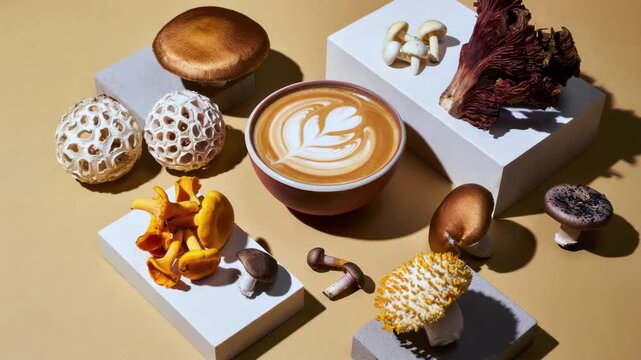 Functional mushroom latte, adaptogenic coffee alternative, medicinal fungi assortment, wellness beverage trend, lion&rsquo;s mane and reishi latte art, nootropic drink concept