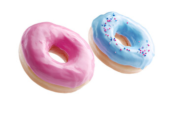 Surreal dynamics, several doughnuts flying in the air with pink and blue icing and sprinkles on a white background,