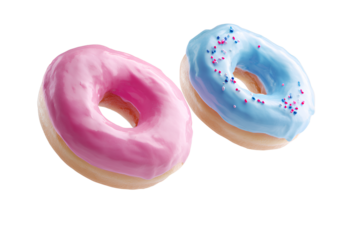  Surreal dynamics, several doughnuts flying in the air with pink and blue icing and sprinkles on a white background, 