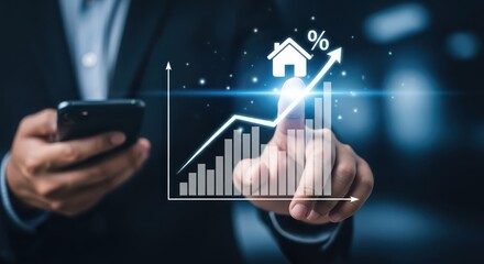 Businessman analyzing rising real estate market growth with digital financial chart and house icon