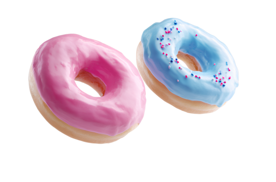 Surreal dynamics, several doughnuts flying in the air with pink and blue icing and sprinkles on a white background, 