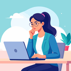 Illustrated professional woman with dark hair and glasses in a thoughtful pose at her laptop.