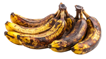 Bunch of overripe yellow bananas with brown spots and blemishes isolated on a transparent background