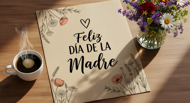 Mother's Day Card with Floral Design and Coffee on Wooden Surface - Powered by Adobe