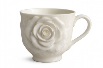Porcelain tea cup with delicate rose sculpting, embodying refined elegance and romantic charm against transparent backdrop
