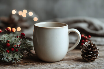 White ceramic coffee cup and christmas decoration on woon table background. mockup for creative advertising text message or promotional content.