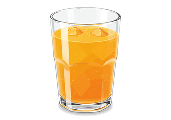 Orange juice in a clear glass with ice cubes isolated on white