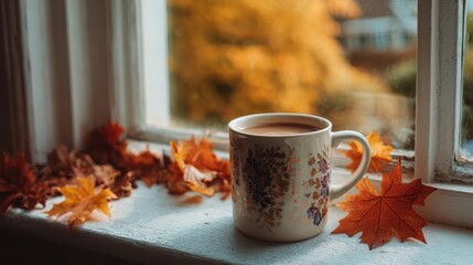 White Mug of Coffee on Windowsill with Autumn Leaves