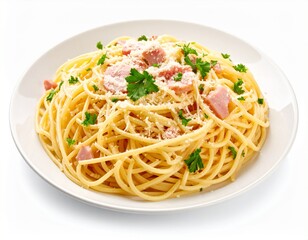 Plate of spaghetti carbonara, isolated on white background
