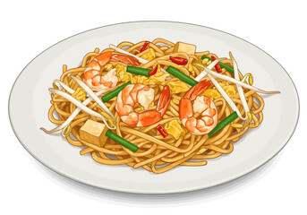 Pad Thai dish on a white plate with noodles shrimp sprouts tofu and green onions