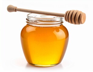 A jar of honey with wooden dipper, isolated on white background