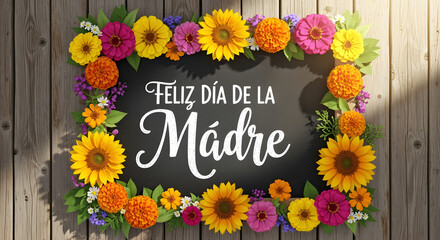 Mother's Day Floral Frame Blackboard with Bright Colorful Flowers on Wooden Background