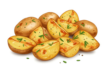 Pile of cooked potato wedges seasoned with spices and herb garnish