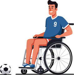 Man in wheelchair playing soccer with ball in active sports scene vector illustration 