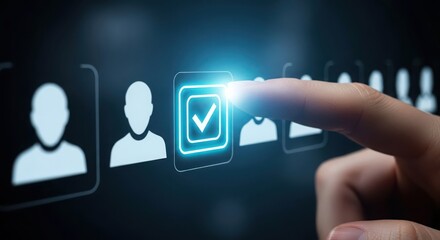 Digital selection process finger touching glowing checkmark icon on futuristic user interface screen