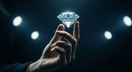 Obraz premium Value and quality concept. A hand holds a multifaceted, glowing holographic diamond, representing premium quality, value, and exclusivity.