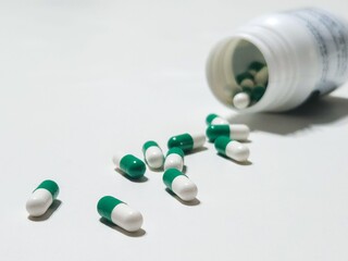 Green and white capsules in a bottle