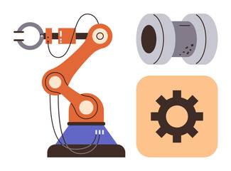 Robotic arm grasping mechanism, industrial gear, and machinery element representing automation, industry, robotics, manufacturing, engineering, machinery and technological innovation. Ideal