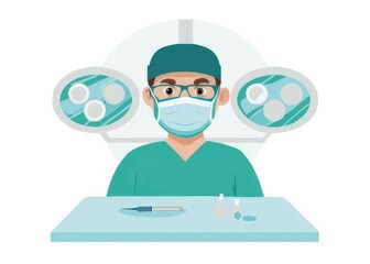 a surgeon wearing a surgical mask and sitting at a table