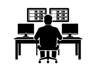a person sitting at a desk with two monitors