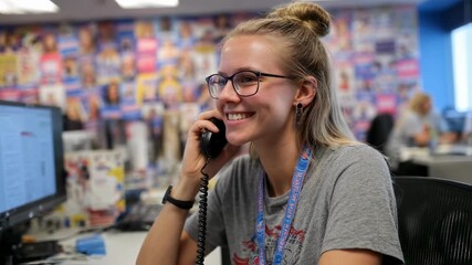 Team member in casual attire coordinating donation updates while dialing donors in a vibrant room filled with campaign posters and organizational tools.