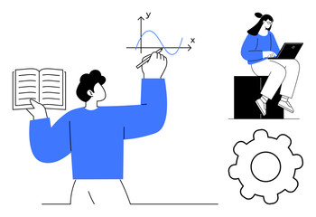 Person reading book and analyzing graph, woman using laptop, gear symbolizing problem-solving. Ideal for education, data analysis, technology, teamwork, research, innovation creative thinking