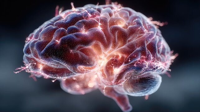 Illuminated brain model with intricate vascular network shown against a dark, blurred backdrop