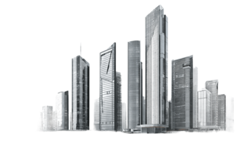 Surrealistic style, white background, 3D rendering of high-rise buildings in the city center, high-definition resolution,