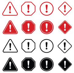 Exclamation mark warning signs, triangle, octagon, circle, diamond, red, black, safety symbols, alert icons, caution, hazard, danger, notice, attention, signage, vector illustration, emergency