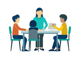 a woman and two children sitting at a table